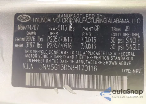 2008 Hyundai Santa Fe Gls from USA, damaged, VIN 5NMSG13D58H170116